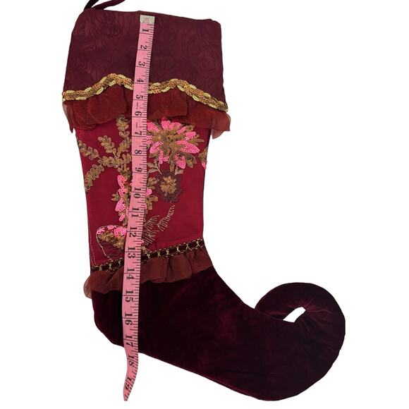Christmas Holiday Stocking Victorian Inspired Satin Velvet Sequined Floral - Picture 6 of 9